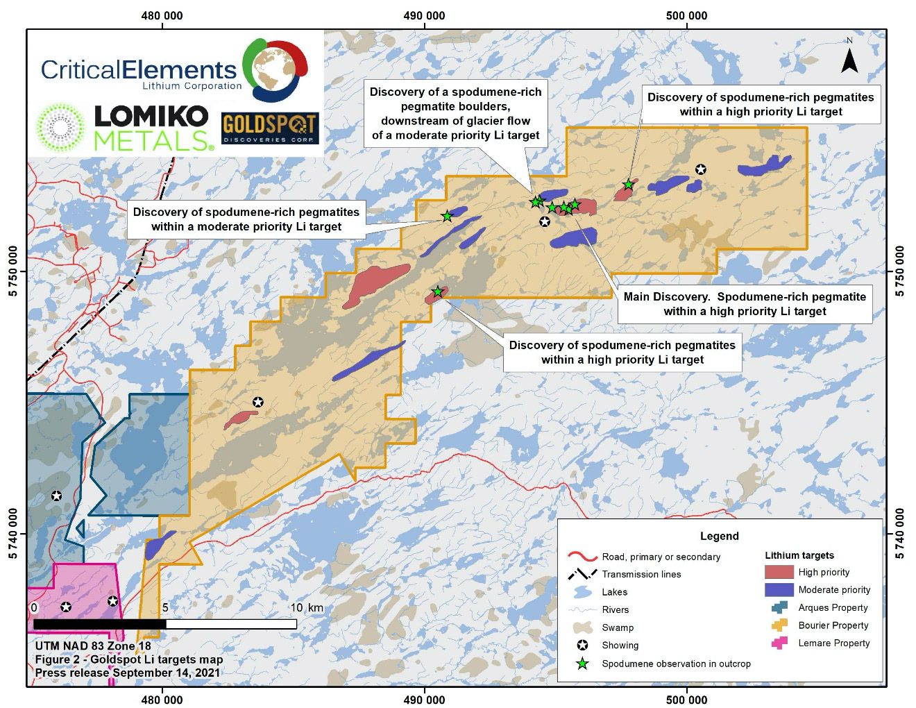 Lithium targets and location of new spodumene-rich pegmatites within Critical Elements and Lomiko Metals’ Bourier claims.