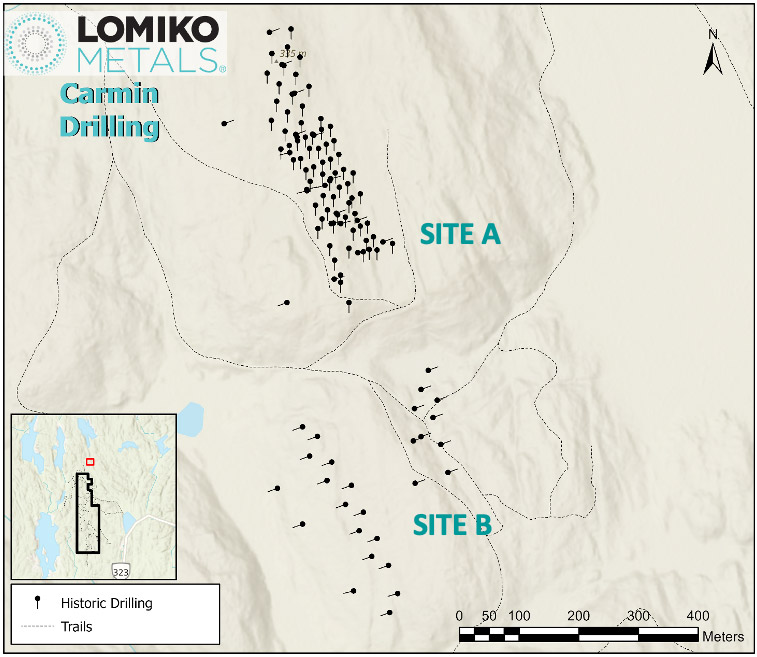 Figure 1 – Carmin Property location outlining historic drilling.