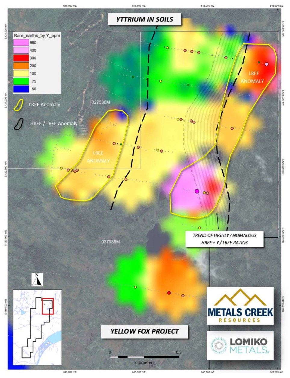 Figure 2: Yttrium (Y) anomalies demonstrating high-grade and broad widespread assays